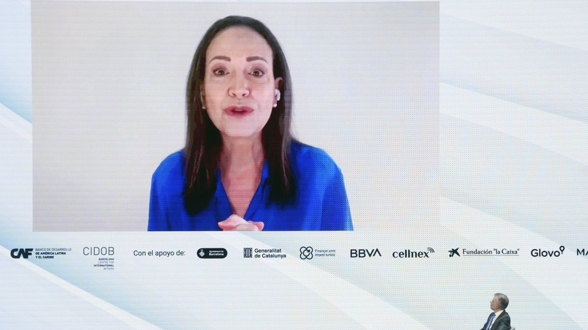 La líder opositora venezolana y Premio Nobel de la Paz María Corina Machado en una reciente intervención por vídeoconferencia.