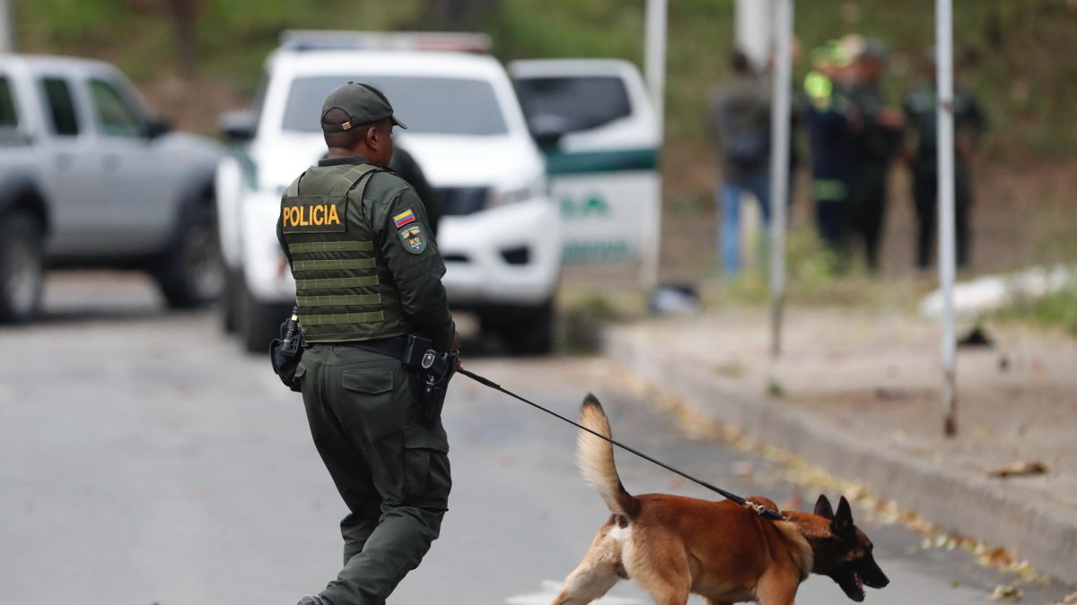 Un policía inspecciona con un perro en el lugar donde un artefacto explosivo acabó con la vida de dos policías este martes, en Cali (Colombia).