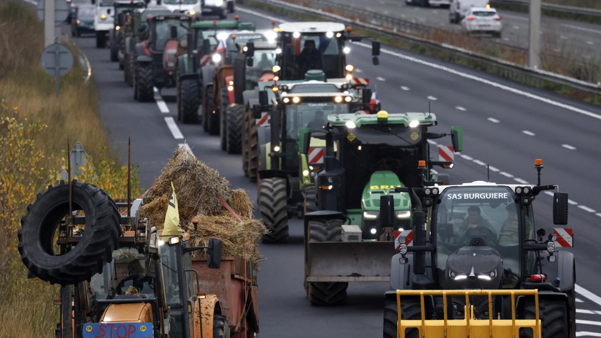 Protesta de agricultores y ganaderos con tractores en la autopista A9, en medio de la creciente preocupación por los brotes de dermatosis nodular contagiosa en Francia.