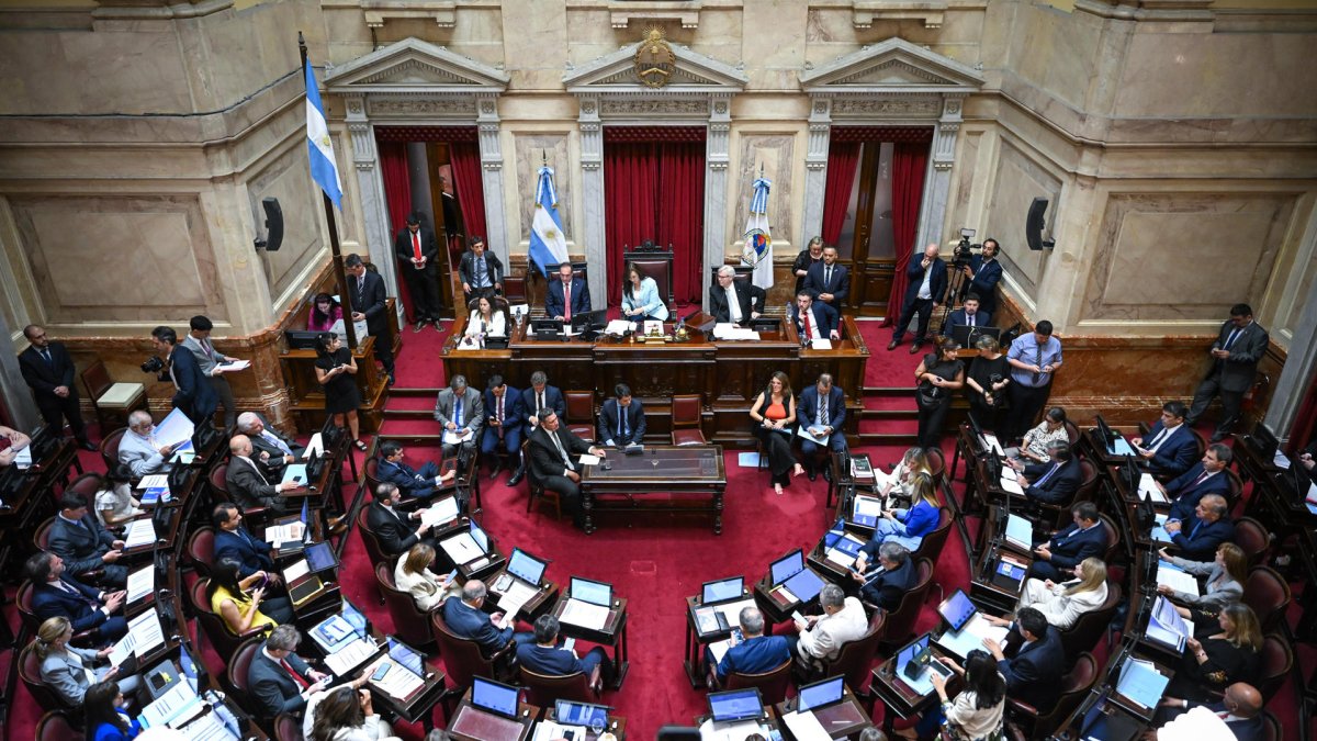 Fotografía cedida por el Senado de Argentina que muestra a parlamentarios asistiendo a una sesión este jueves, en Buenos Aires (Argentina).