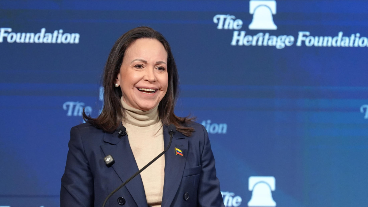 María Corina Machado durante su intervención en un evento en Washington, tras reunirse con el presidente Trump.
