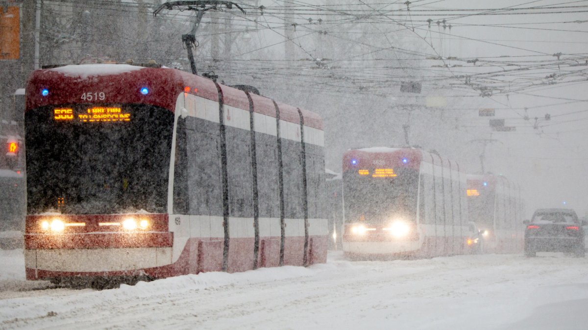 Fotografía del 25 de enero de 2026 de tranvías que transitan por el centro de Toronto (Canadá).