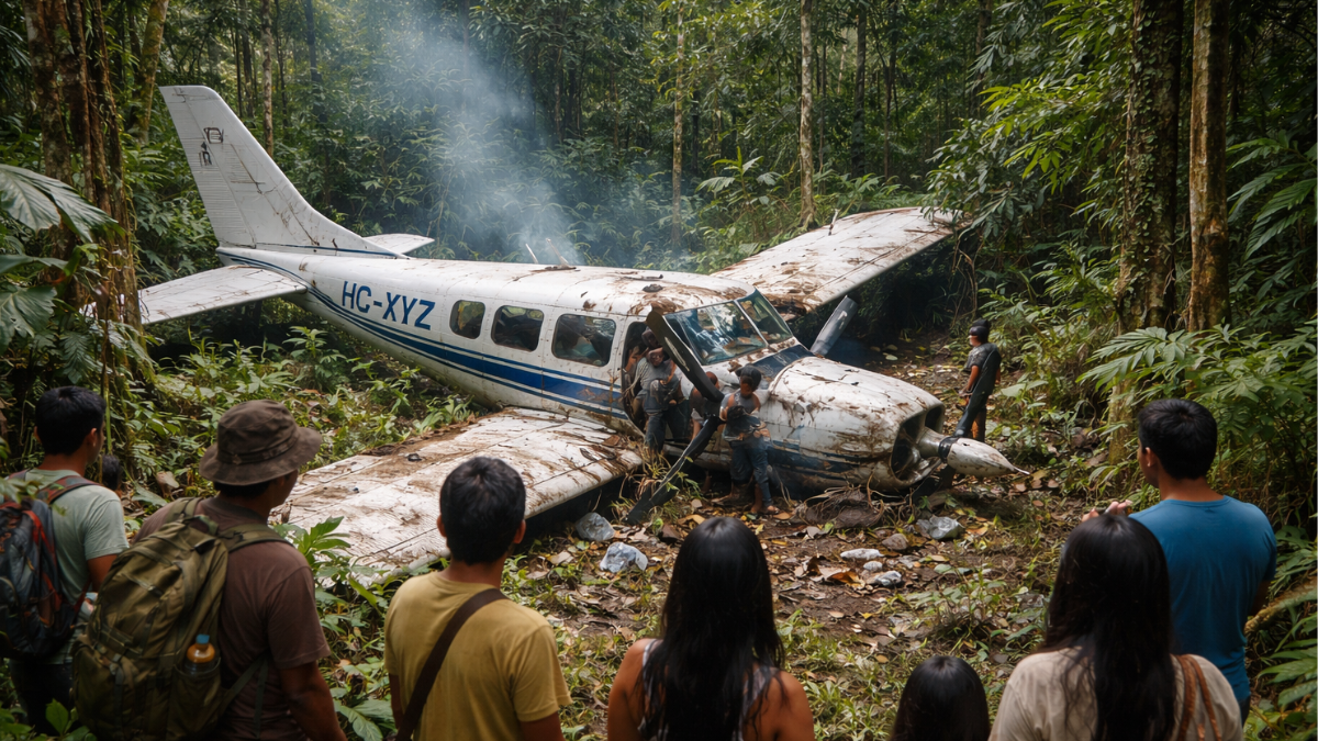 Referencial. Avioneta accidentada en la selva de Taisha, Morona Santiago. Comuneros observan los restos entre la vegetación.