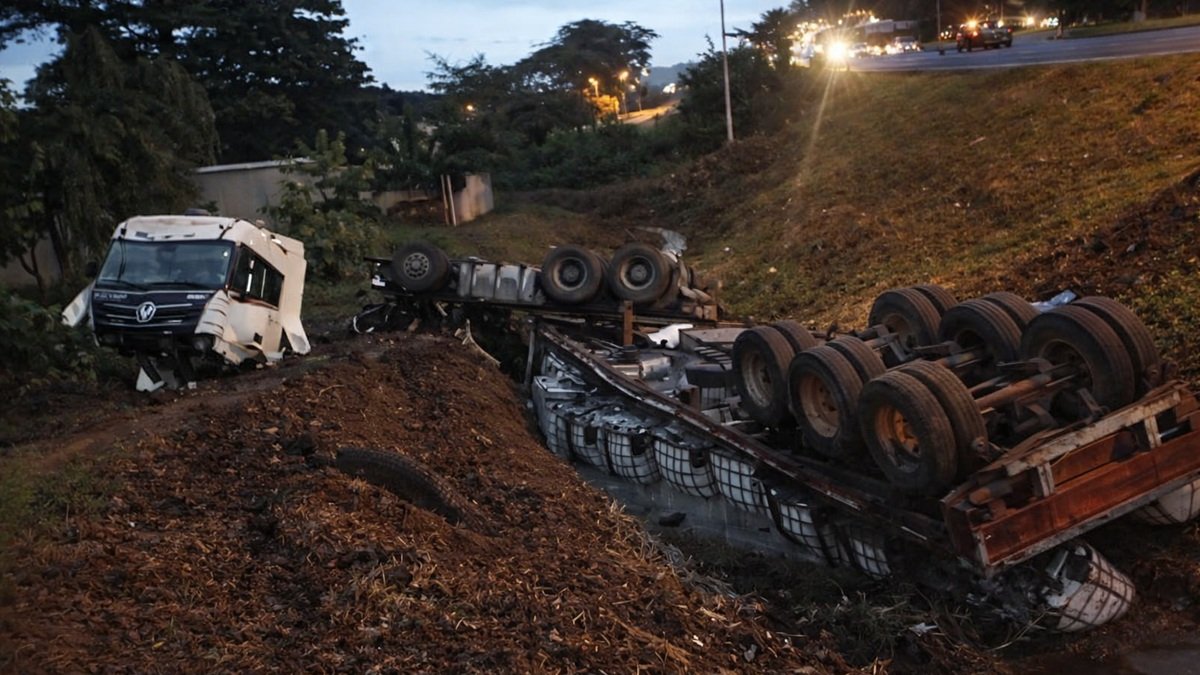 El tráiler accidentado cayó a una zanja en el kilómetro 22 de la vía a Daule.