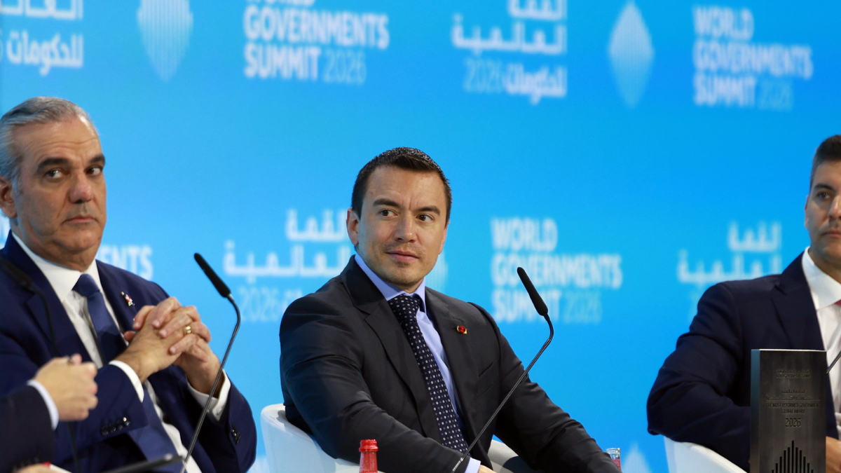 Daniel Noboa durante su intervención en el diálogo presidencial ‘El Próximo Capítulo de América Latina’, en el marco de la agenda oficial en Dubái, Emiratos Árabes Unidos.