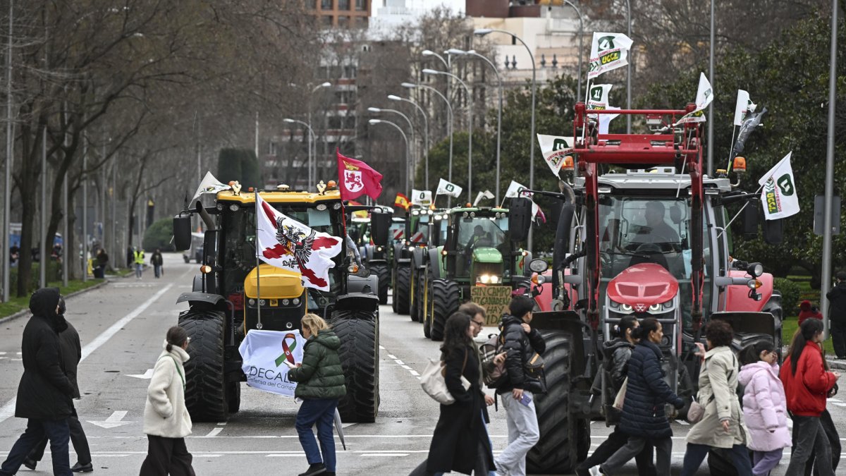 Cientos de tractores y agricultores recorren el centro de la capital este miércoles, convocados por Unión de Uniones y Unaspi en protesta.