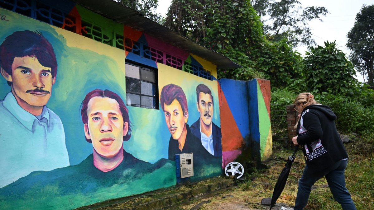 Otilia Torres, hermana de Diuviseldo Torres, camina frente a un mural que representa a su hermano y otras personas desaparecidas en el municipio de Fusagasugá.