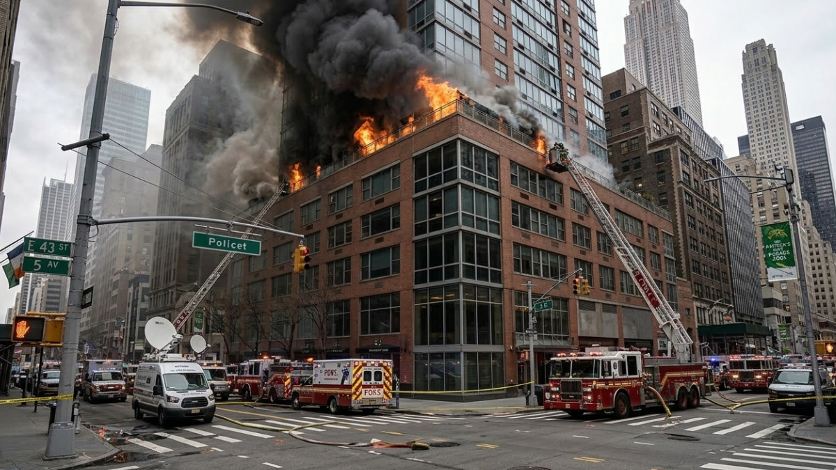 Referencial.Bomberos combaten un incendio en un edificio de Manhattan durante las celebraciones del Día de San Patricio.