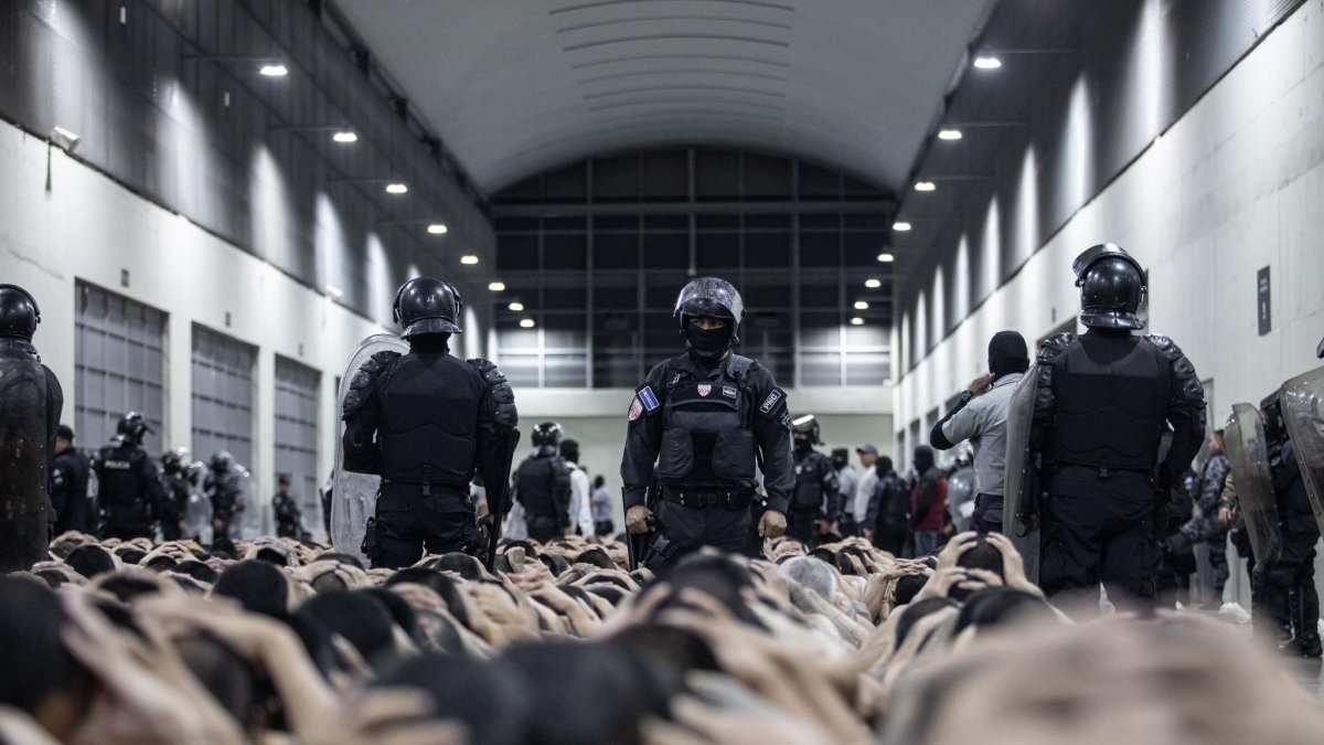 San Salvador. En la foto distribuida en la red X por el presidente Bukele, se ve a presos junto a guardias.