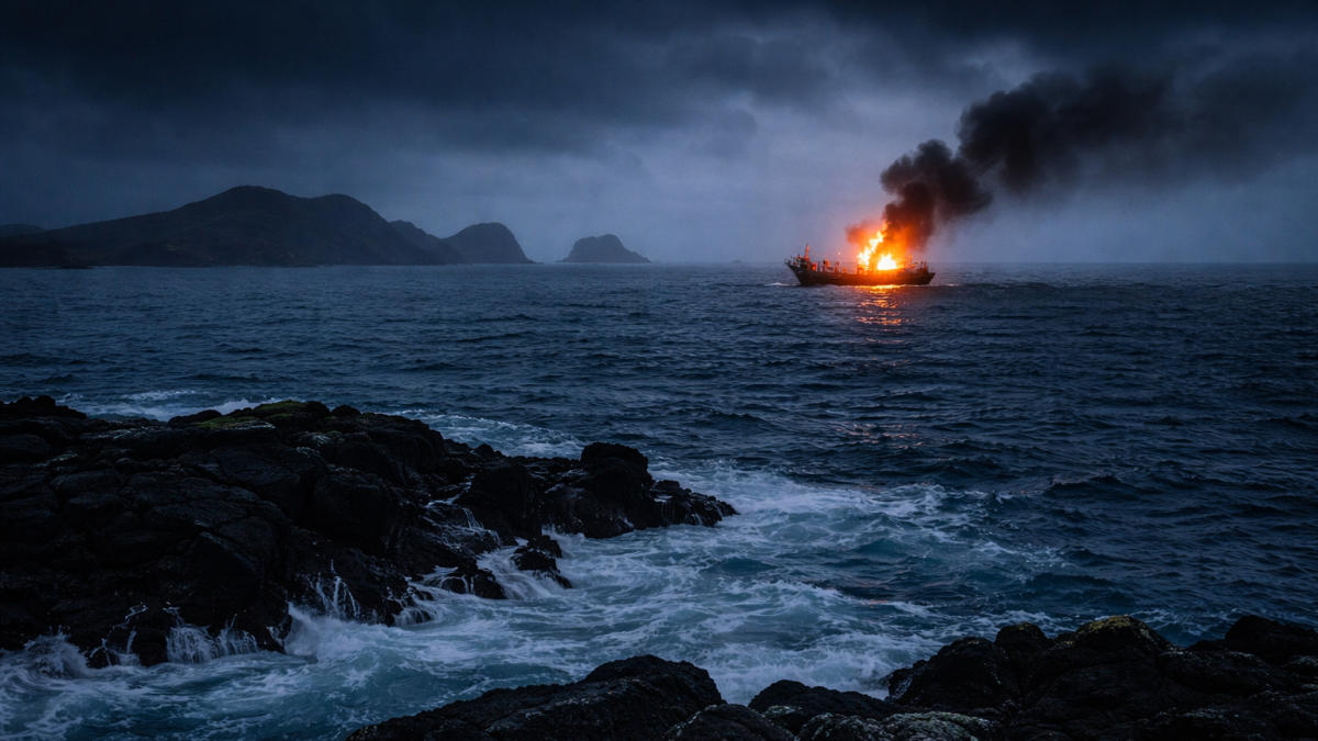 Foto creada con inteligencia artificial de una embarcación incendiándose en altamar en la región insular de Ecuador.