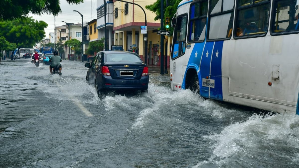 En las calles Los Ríos y Argentina, en el suroeste de Guayaquil, se registró acumulación de agua este sábado 21 de febrero.