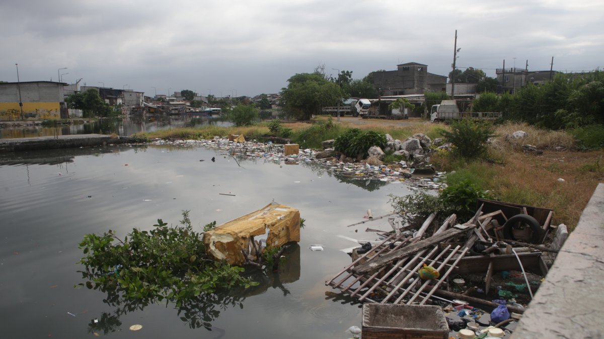 Artículos de todo tipo flotan en el estero Salado, que funciona como límite natural entre Las Malvinas y Cristo del Consuelo, en el suroeste de Guayaquil.