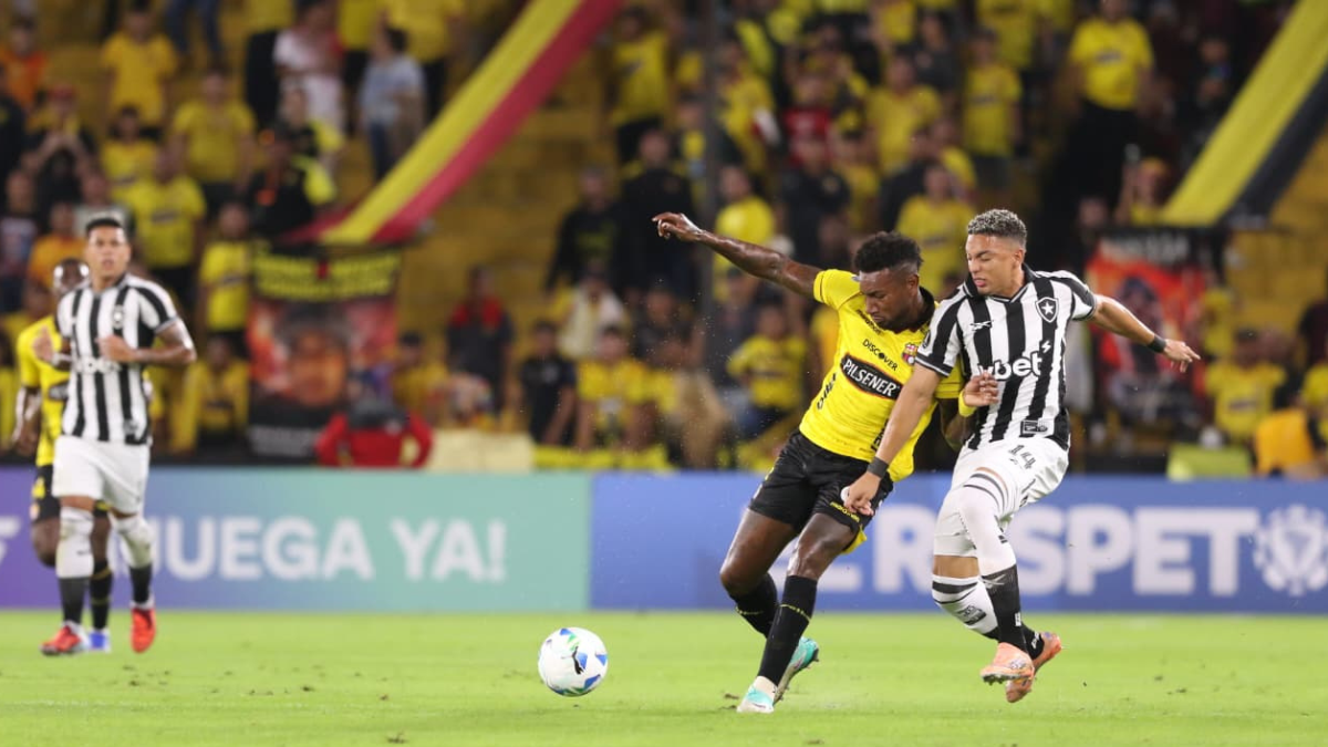 Gustavo Vallecilla (i.) disputa el balón con un rival.