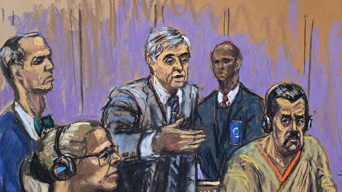 Dibujo del presidente depuesto de Venezuela, Nicolás Maduro, junto a su esposa Cilia Flores durante su comparecencia ante un tribunal federal en Nueva York (EE.UU.).