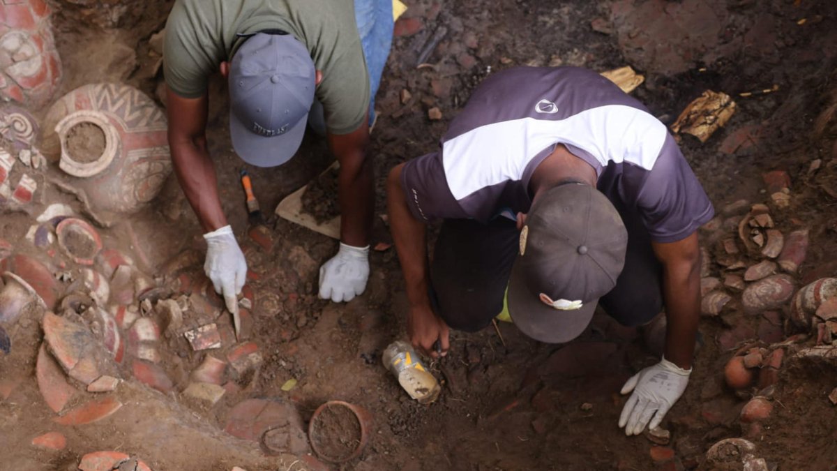 Personas trabajando en la zona arqueológica de El Caño, en el distrito de Natá (Panamá)