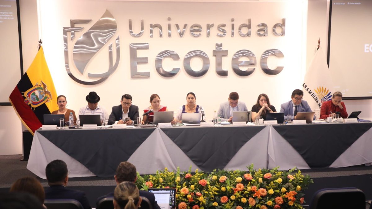 La asambleísta Cecilia Baltazar Yucilla lidera la sesión de la Comisión de Educación en el aula Harvard de la Universidad Ecotec.