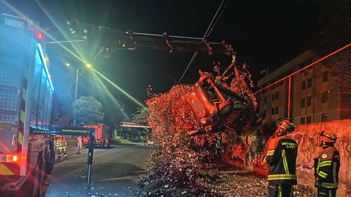 Un auto se volcó e impactó contra un árbol que cayó sobre el vehículo en el sector San Carlos, norte de Quito.