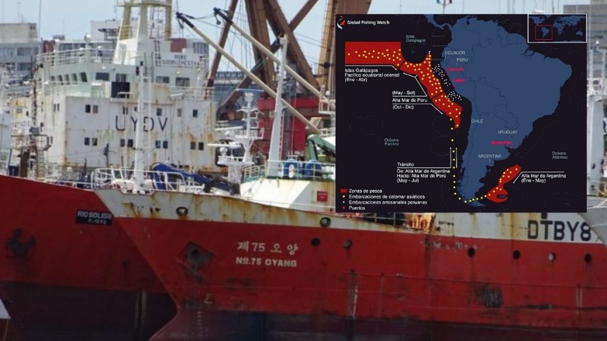 Foto referencial de un barco de pesca chino y un mapa con detalles de puntos de pesca de calamar, en Perú y otros países.