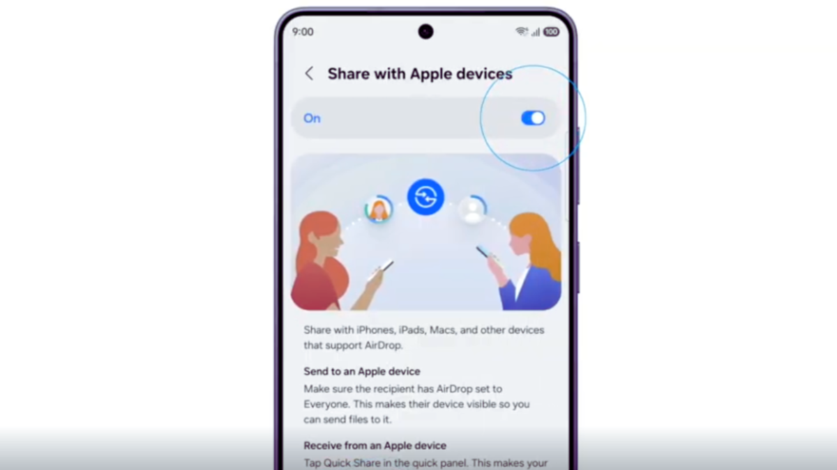 El Galaxy S26 incorpora compatibilidad con AirDrop en Quick Share para facilitar el envío de archivos entre dispositivos.