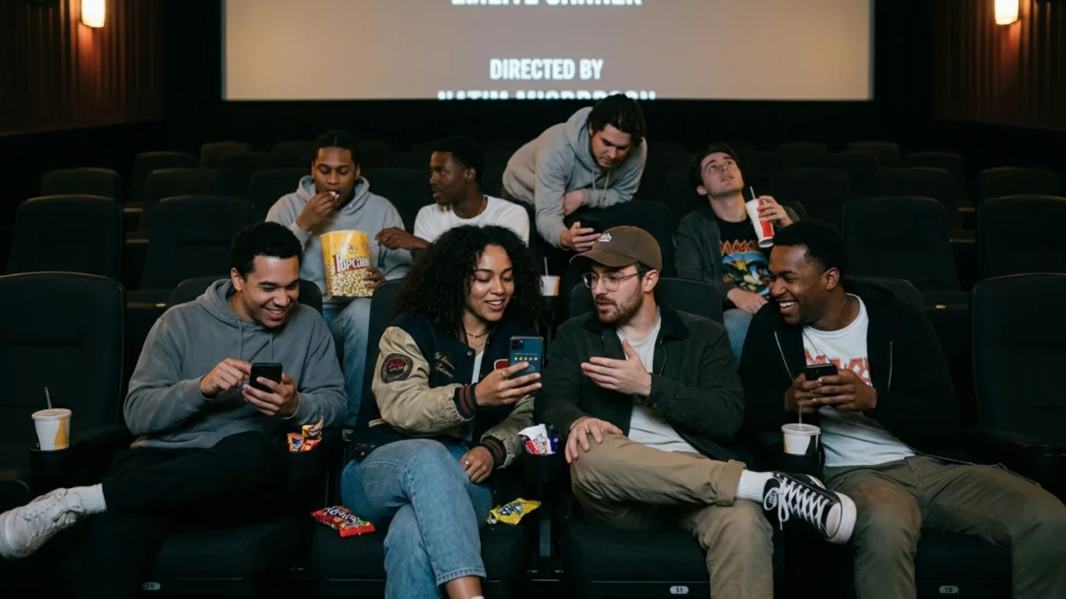 Grupo de jóvenes compartiendo en una sala de cine, generada con IA.