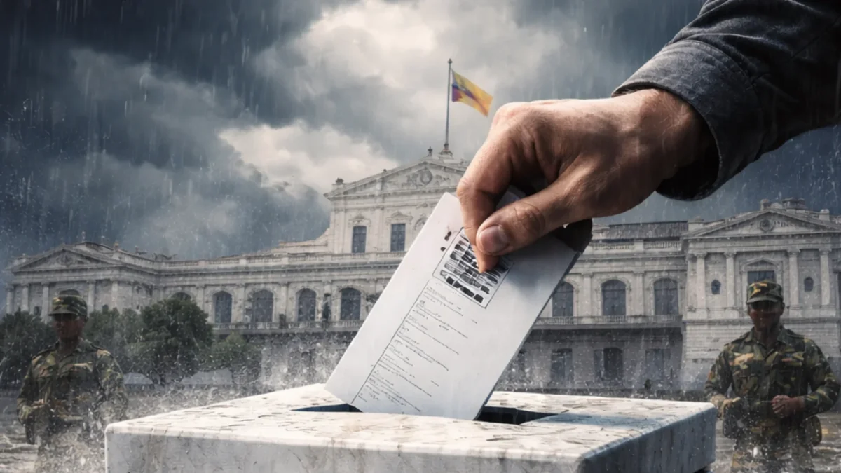 Ilustración conceptual de una urna electoral rodeada por agua, que alude al debate sobre el adelanto de las elecciones seccionales en Ecuador.