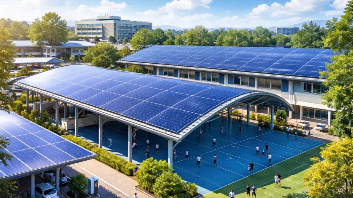 Cubiertas solares instaladas en un centro educativo permiten generar energía limpia y, al mismo tiempo, proteger a los estudiantes del sol durante las actividades escolares.