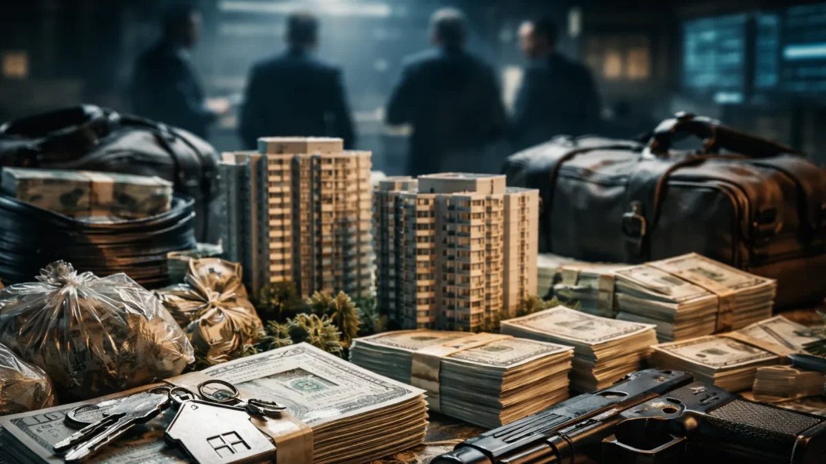 Representación del uso de bienes raíces y propiedades como mecanismos para el lavado de dinero por parte de redes del crimen organizado.