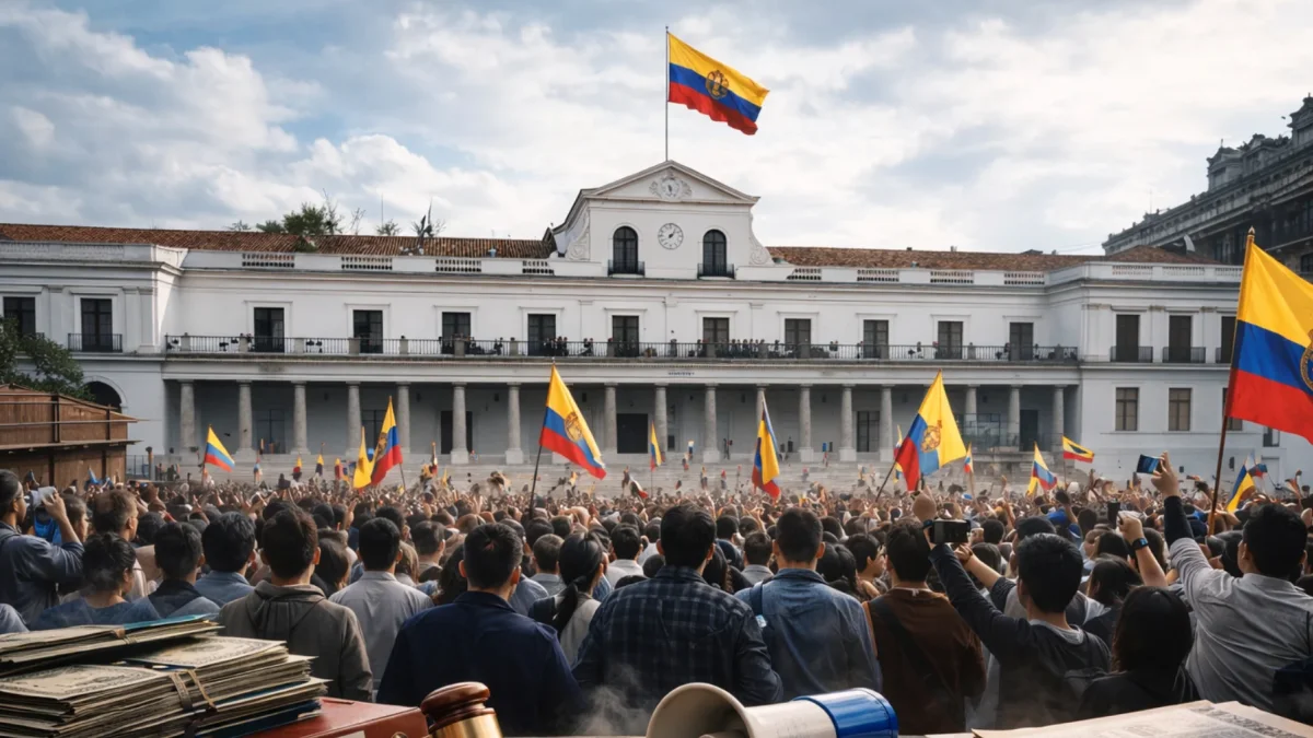 Escena simbólica de presión ciudadana y crisis institucional en Ecuador frente al Palacio de Carondelet.
