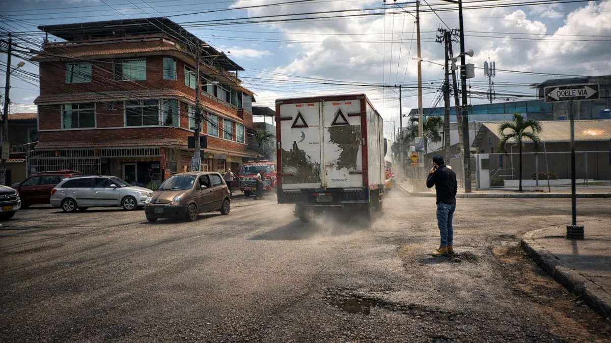 Un camión levanta polvo al circular por una deteriorada calle del centro de Durán, evidenciando el mal estado de la vía y las condiciones del tránsito en la zona.