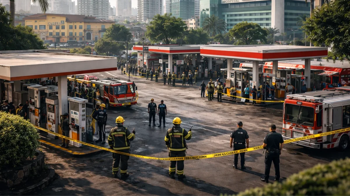 Bomberos y policías inspeccionan estaciones de combustible en una zona urbana rodeada de hospitales, colegios y edificios residenciales, en medio de preocupaciones por seguridad.