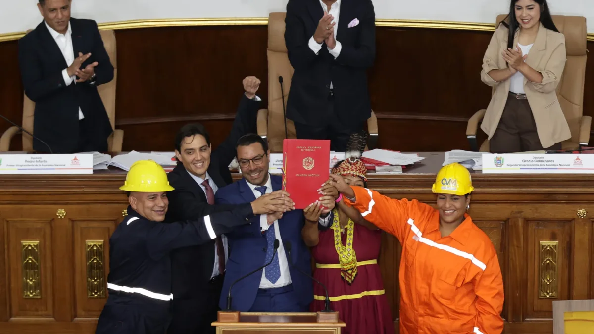 El presidente de la Asamblea Nacional de Venezuela, Jorge Rodríguez (arriba-c), y los vicepresidentes Pedro Infante y Grecia Colmenares, reaccionan luego de ser aprobada la nueva ley de minas..