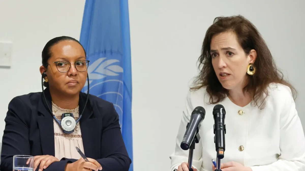 Grupo de trabajo sobre la utilización de mercenarios, Michelle Small (i), y la integrante del grupo Joana de Deus Pereira, durante una rueda de prensa en Bogotá (Colombia).