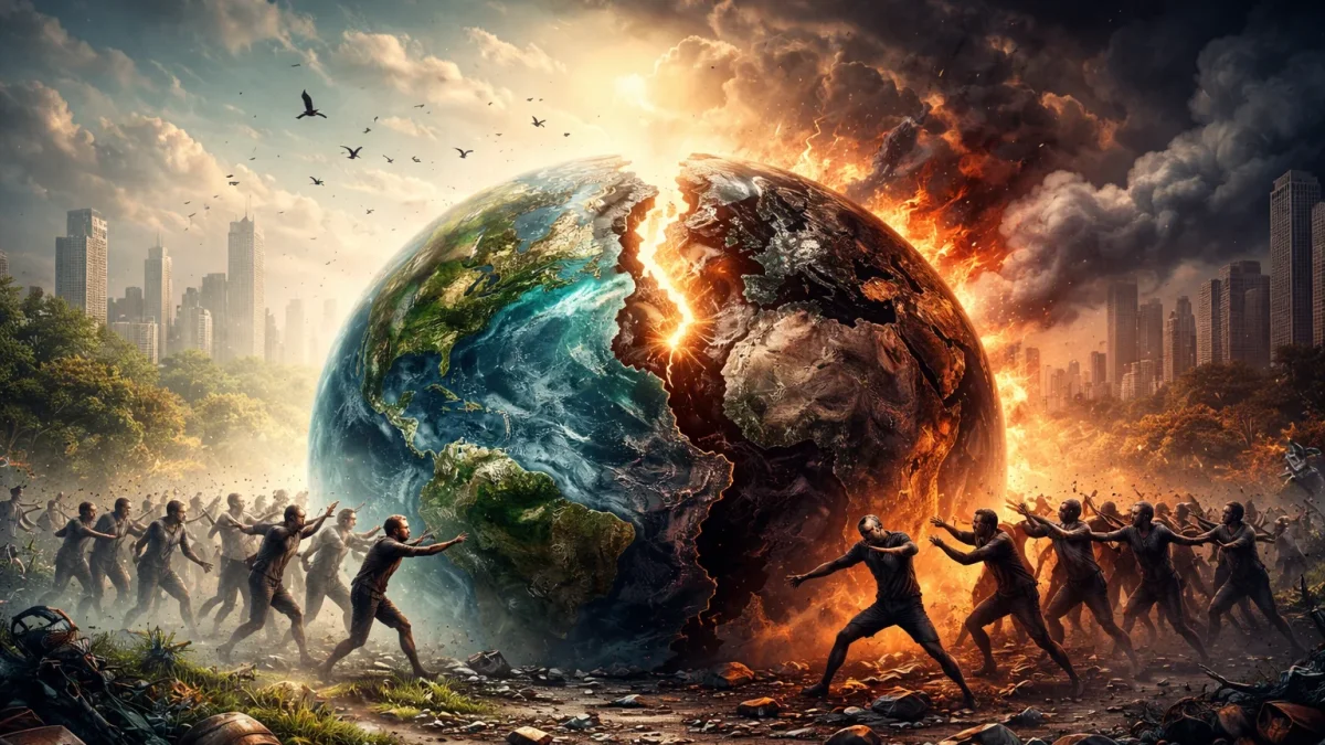 La humanidad dividida entre el humanismo y la confrontación, una metáfora visual del riesgo de imponer la ley del más fuerte.