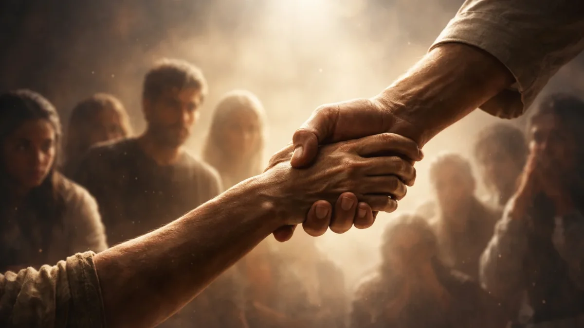 Un gesto de apoyo y reconciliación simboliza la importancia de la compasión y el perdón frente al juicio hacia los demás.