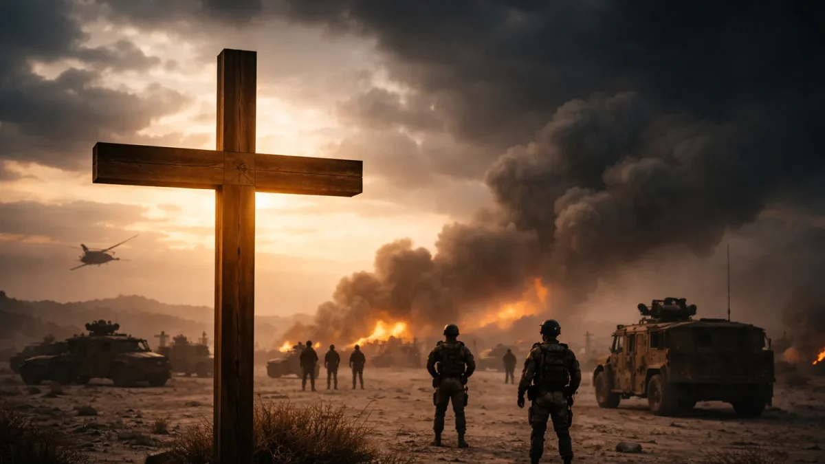 La cruz iluminada contrasta con un escenario de guerra, simbolizando el debate sobre el uso de la religión para justificar conflictos armados.