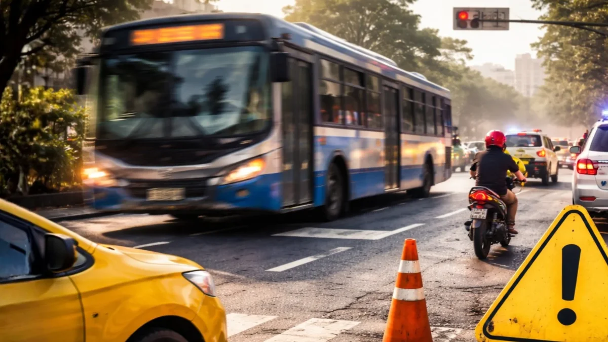 Un bus de transporte público circula por una intersección urbana mientras agentes realizan controles de tránsito para prevenir infracciones y siniestros viales.