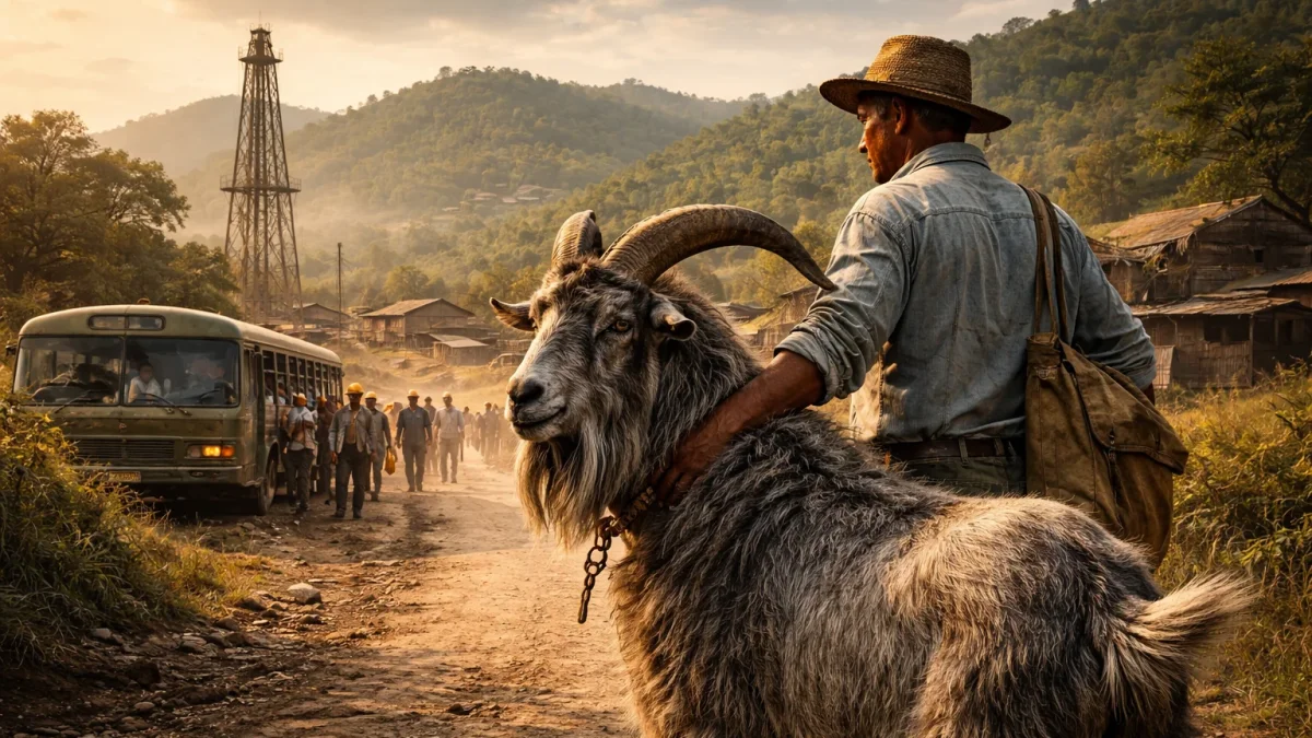 Un chivo acompaña a su dueño cerca del campamento petrolero de Ancón, evocando la historia de fidelidad narrada durante la época del boom petrolero en Santa Elena.