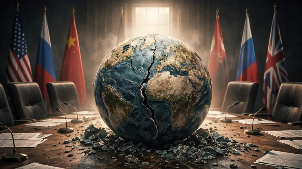 Un globo terráqueo fracturado en medio de una mesa diplomática simboliza las tensiones y cuestionamientos actuales al orden internacional basado en normas.