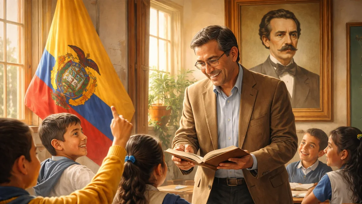 Un docente guía a sus estudiantes en el aula, reflejando el papel fundamental de los maestros en la formación de la niñez y juventud ecuatoriana.
