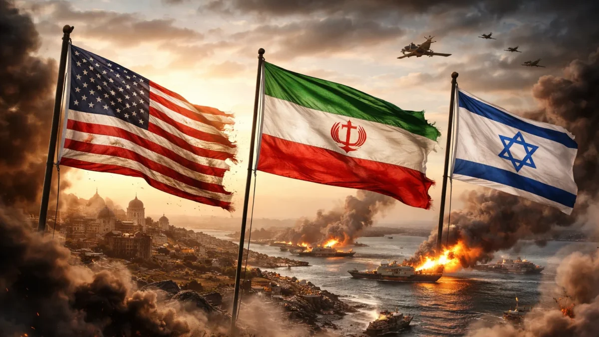 Banderas de Estados Unidos, Irán e Israel frente a un escenario de tensión militar en el estrecho de Ormuz, símbolo de la frágil tregua en Oriente Medio.