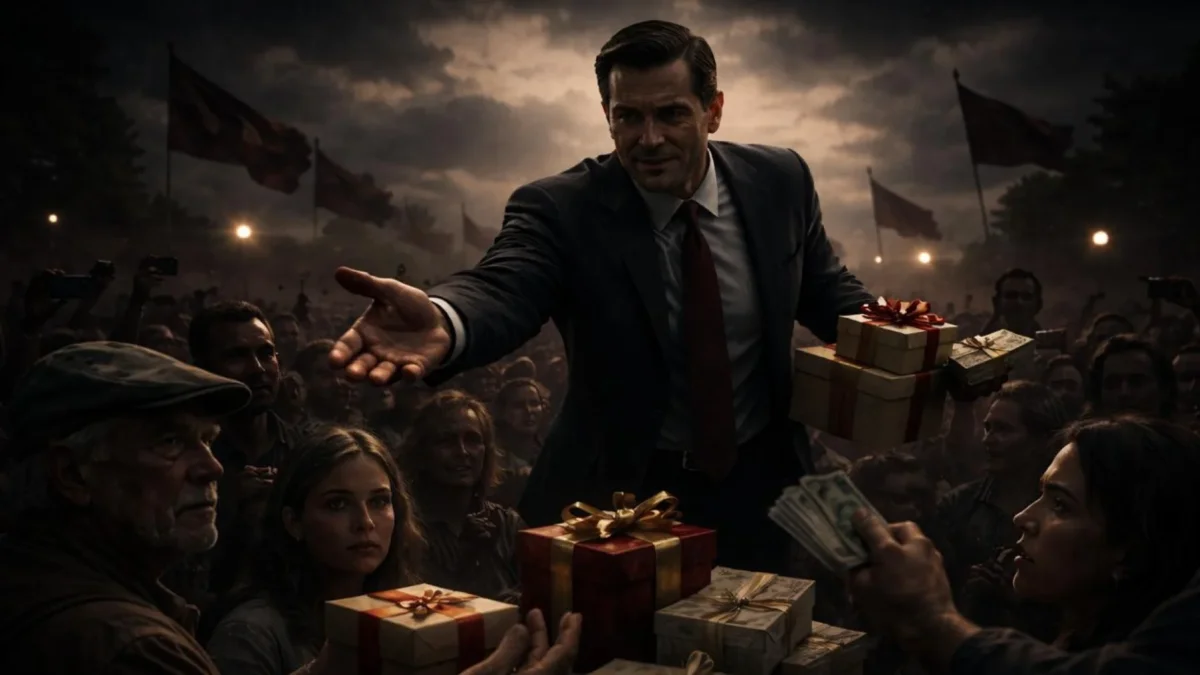 La manipulación política se refleja en la desconfianza y promesas vacías, mientras el poder se mantiene distante y superior.