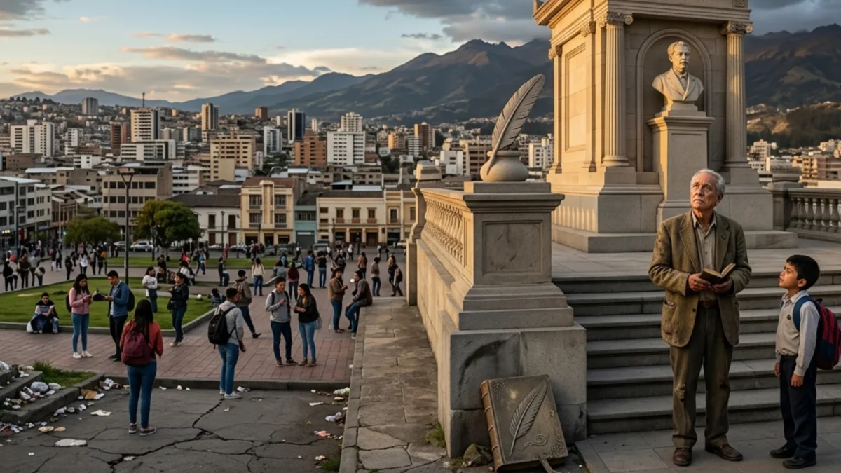 Un maestro y su alumno contemplan con reverencia el mausoleo de Juan Montalvo.