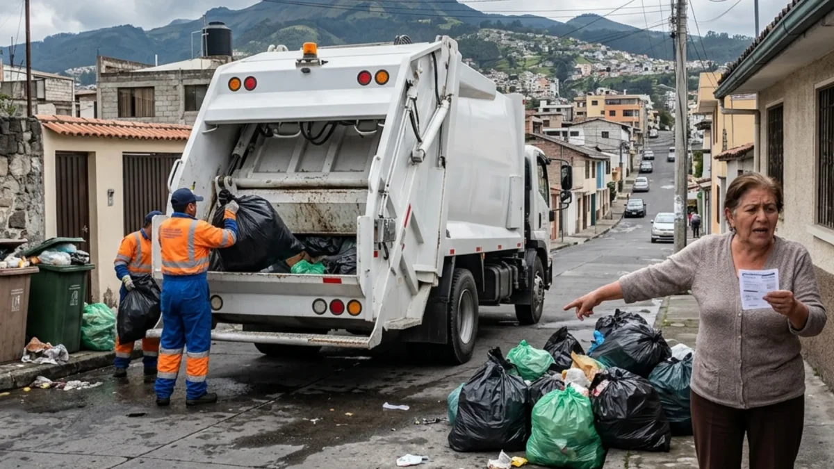 Una ciudadana reclama por el incremento en la tasa de basura mientras sostiene su planilla frente a un punto de recolección.