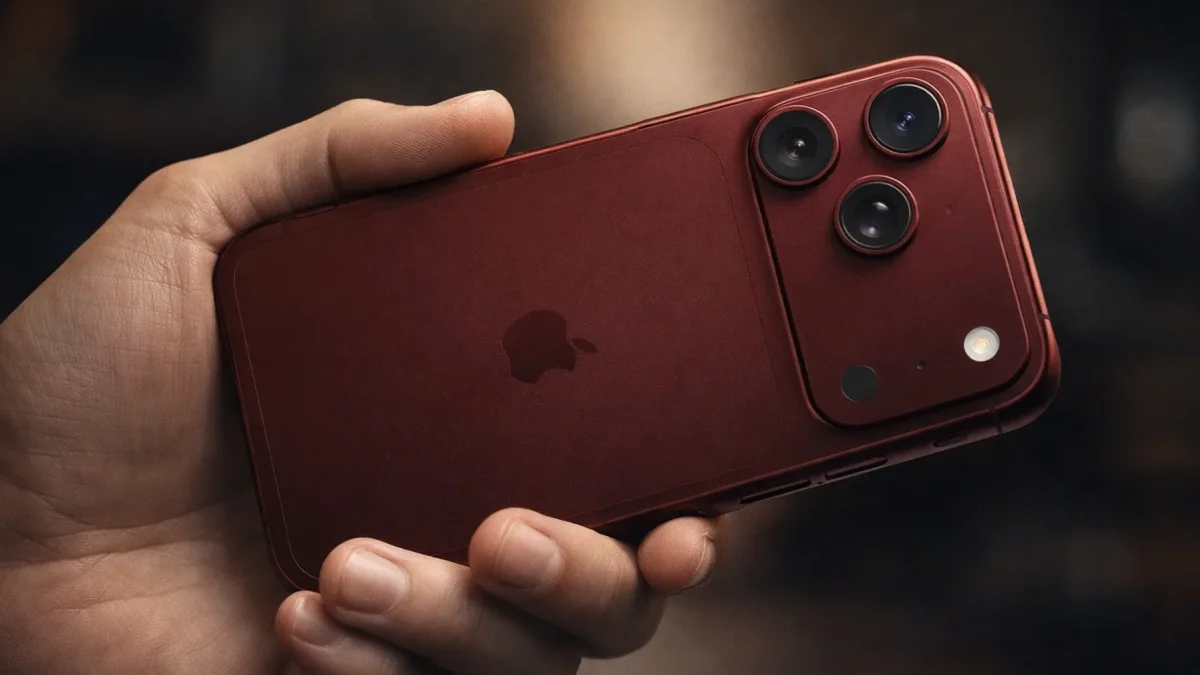 Supuesta filtración del iPhone 18 Pro Max revela un diseño robusto con triple cámara y acabado en tono rojo oscuro metálico.