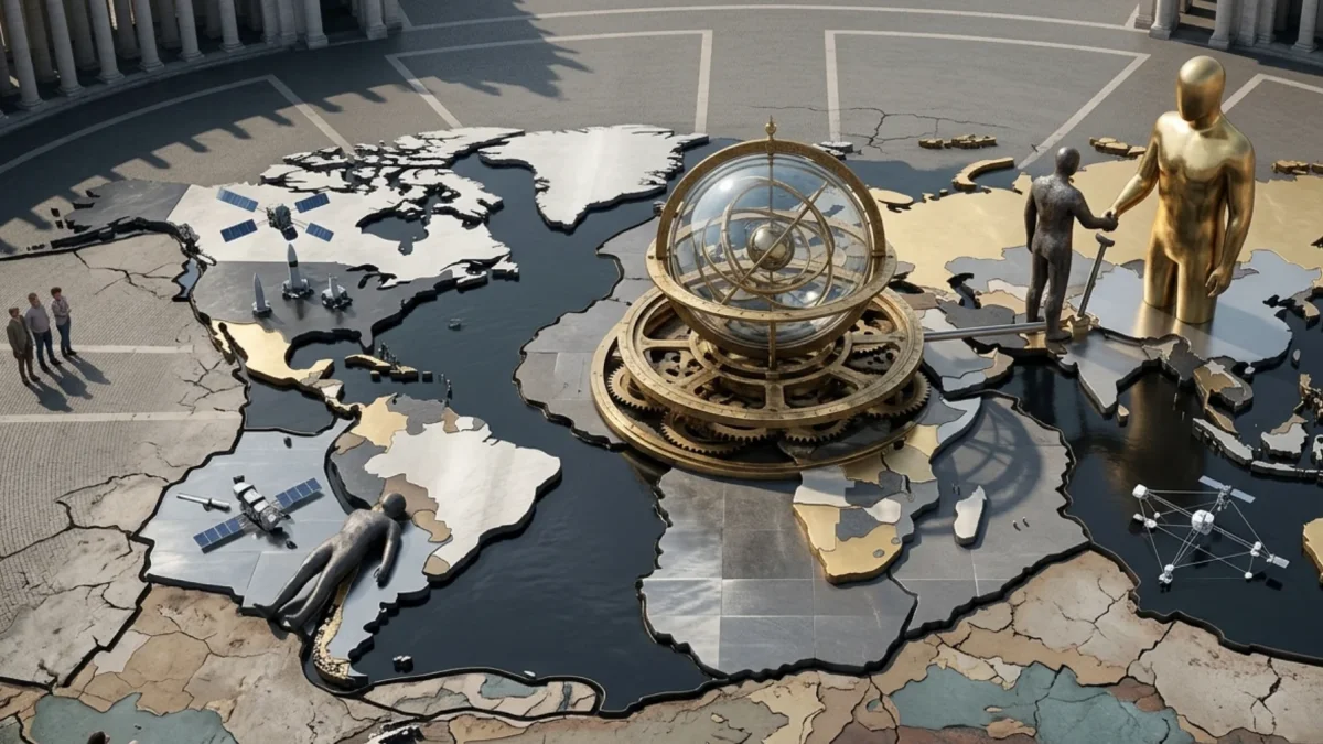 Una representación alegórica y detallada de la geopolítica global contemporánea.