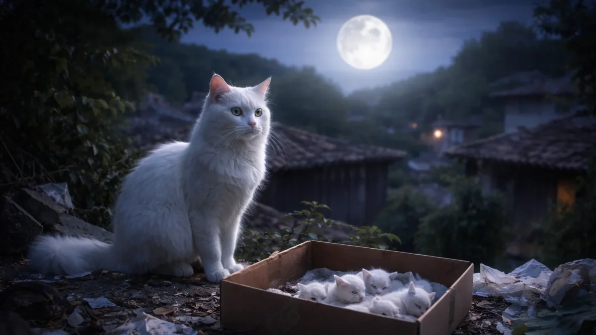 Una gata blanca cuida a sus crías en un entorno precario, evocando una historia de rescate, vínculo y misterio.