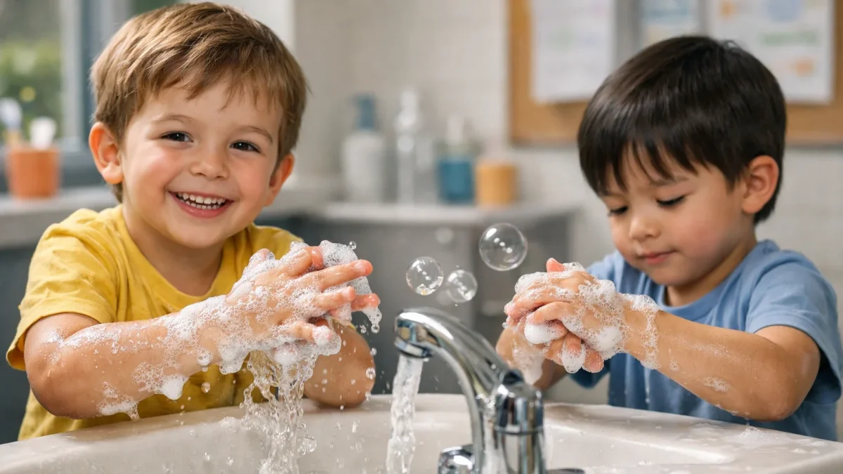 Niños practican el correcto lavado de manos mediante una dinámica lúdica que combina aprendizaje y diversión.