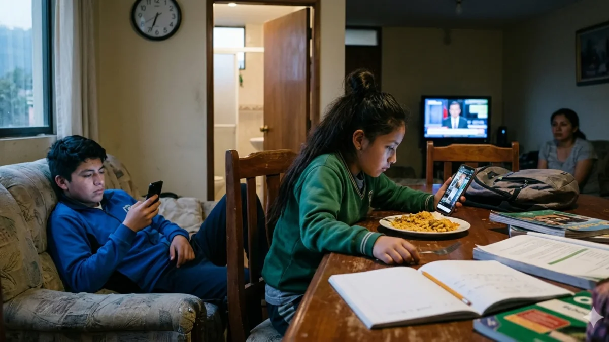 Imagen simbólica de niños, niñas y adolescentes, en Ecuador, que pasan horas en redes sociales, lo que les genera problemas de aprendizaje.