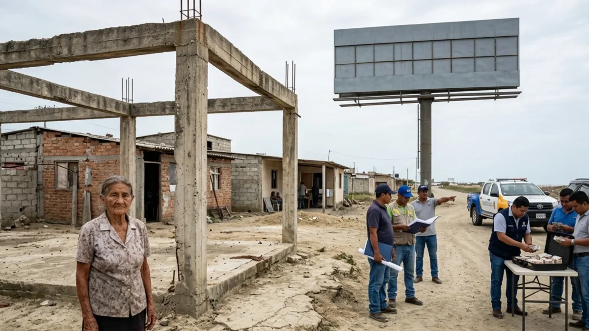 Una habitante de la zona costera de Ecuador contempla las estructuras que permanecen sin terminar años después del sismo.