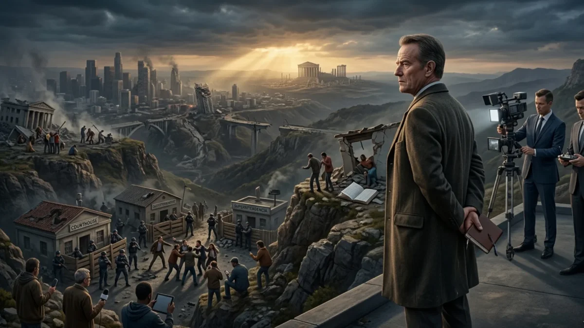 Un líder observa un horizonte dividido entre el colapso institucional y la promesa de un futuro sólido